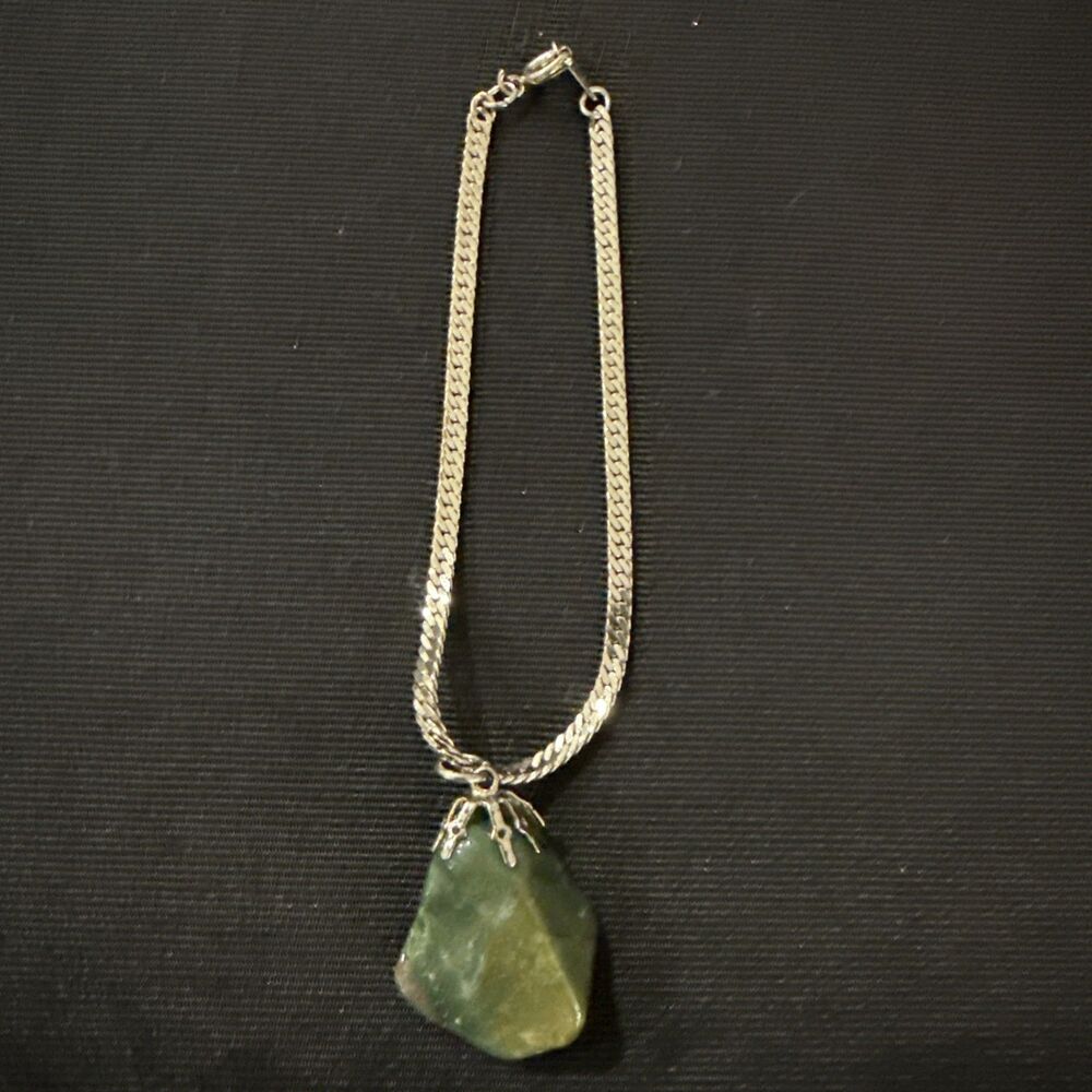 Silver Tone Herringbone Bracelet With Green Polished Stone Charm